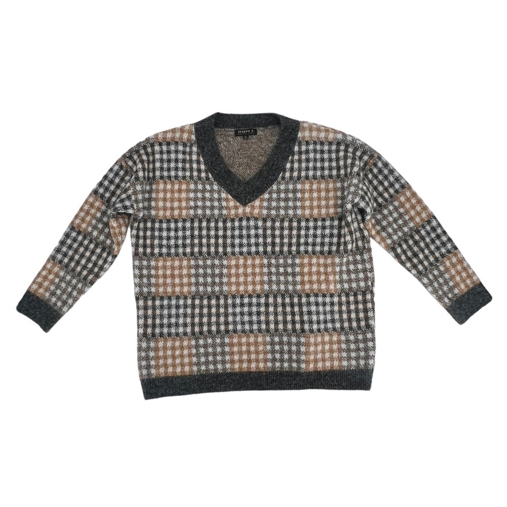 Joseph A Women's Tan Slate Plaid V-Neck Pullover Sweater Size Large